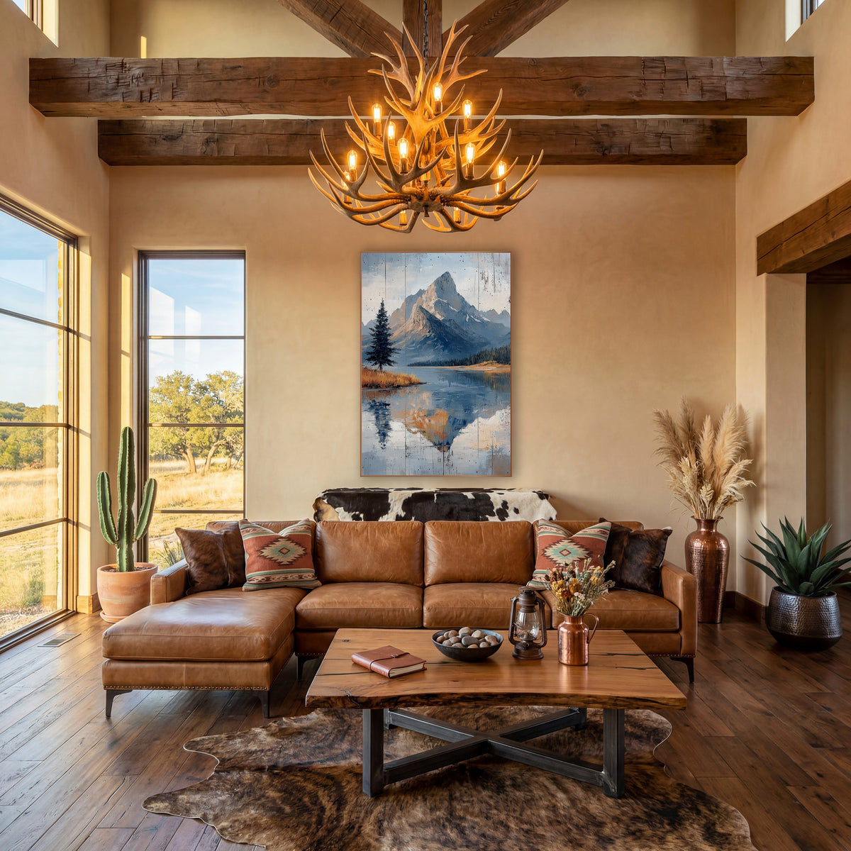 Slate Blue Summit Dark Pine Landscape wall art in a rustic western-style room – rocky mountain peak reflected