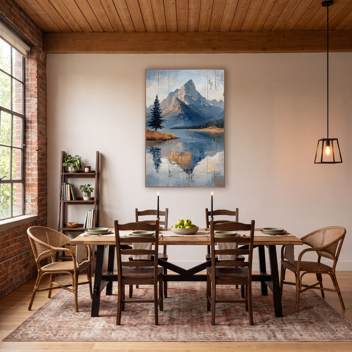 Slate Blue Summit Dark Pine Landscape wall art in a rustic western-style room – rocky mountain peak reflected