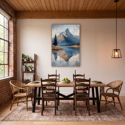 Slate Blue Summit Dark Pine Landscape wall art in a rustic western-style room – rocky mountain peak reflected