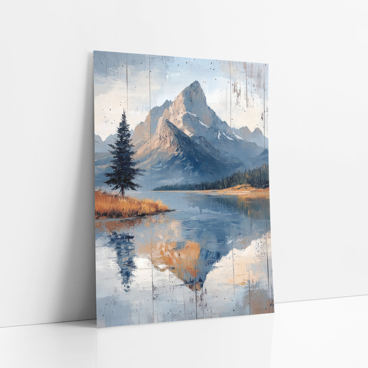 Slate Blue Summit Dark Pine Landscape art print leaning against a white wall – rocky mountain peak reflected in a still lake