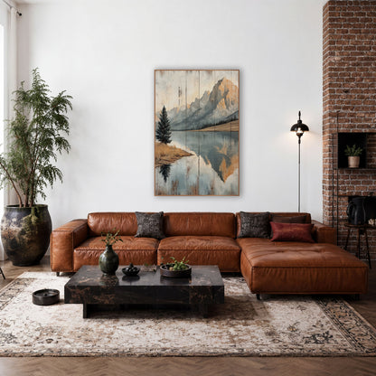 Mountain Lake Reflection Rustic Landscape wall art in a rustic western-style room – painted-style mountain lake