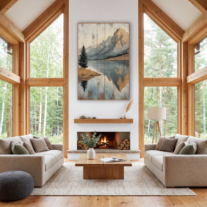 Mountain Lake Reflection Rustic Landscape wall art in a rustic western-style room – painted-style mountain lake