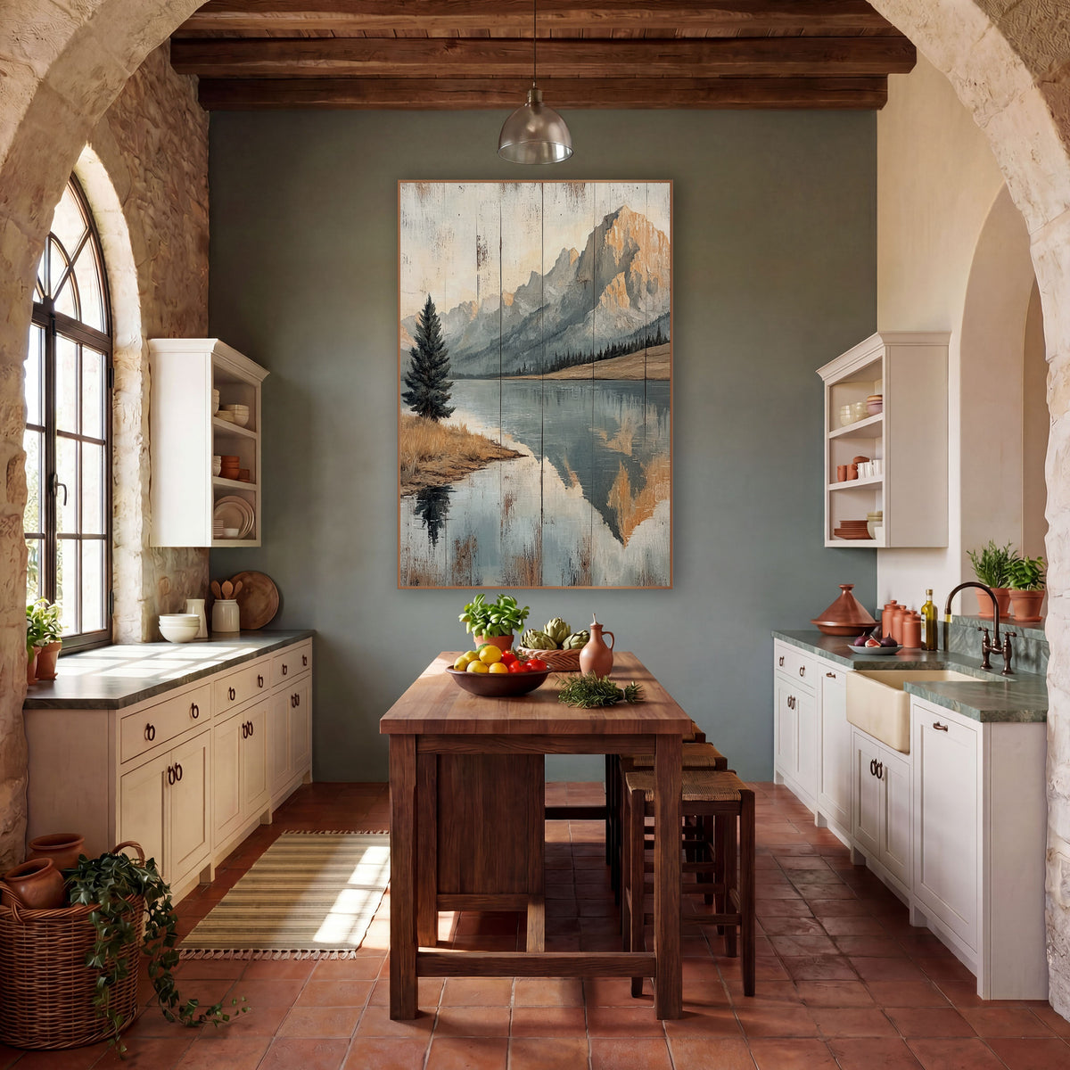 Mountain Lake Reflection Rustic Landscape wall art in a rustic western-style room – painted-style mountain lake