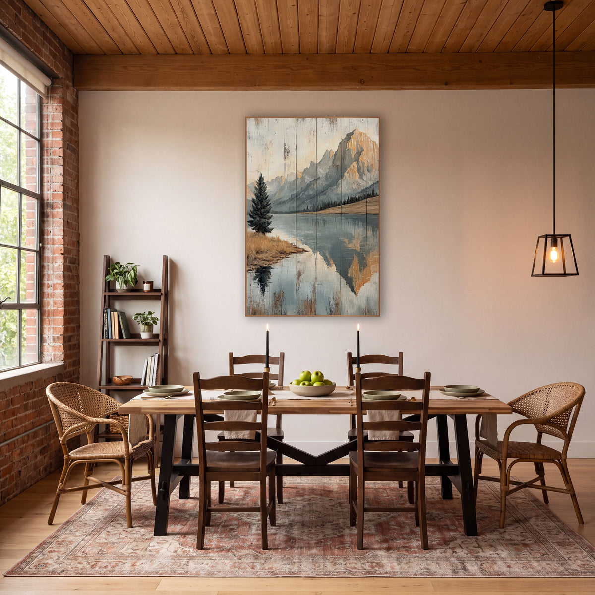 Mountain Lake Reflection Rustic Landscape wall art in a rustic western-style room – painted-style mountain lake