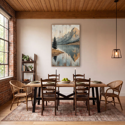 Mountain Lake Reflection Rustic Landscape wall art in a rustic western-style room – painted-style mountain lake