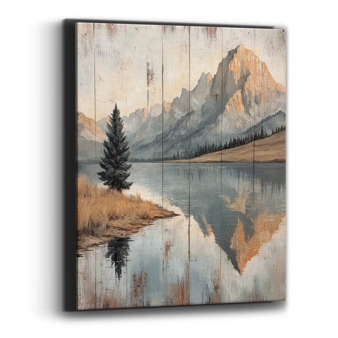 Mountain Lake Reflection Rustic Landscape Canvas Wall Art