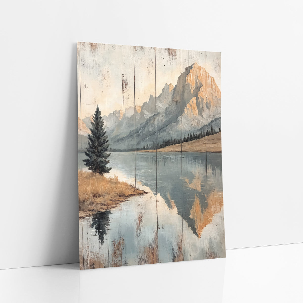 Mountain Lake Reflection Rustic Landscape art print leaning against a white wall – painted-style mountain lake with warm-lit