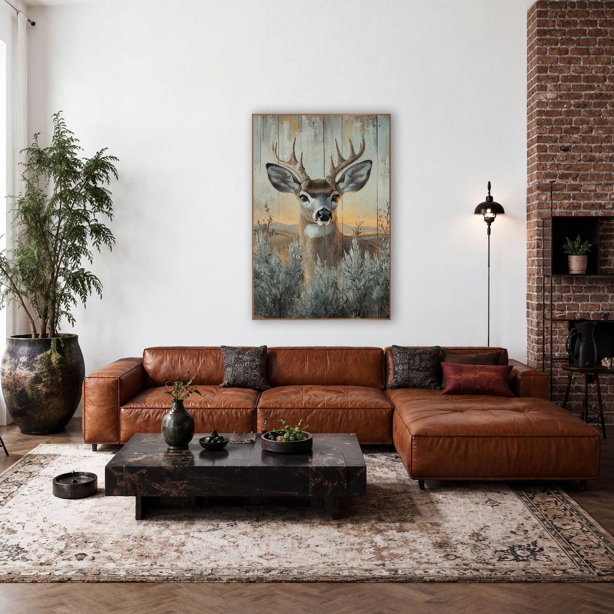 Mule Deer Sagebrush Western Rustic wall art in a rustic western-style room – mule deer buck with forked antlers among