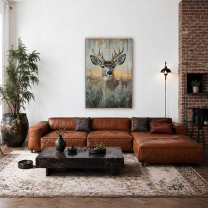 Mule Deer Sagebrush Western Rustic wall art in a rustic western-style room – mule deer buck with forked antlers among
