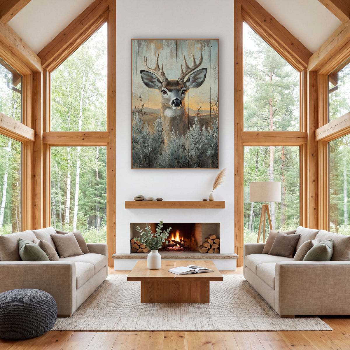Mule Deer Sagebrush Western Rustic wall art in a rustic western-style room – mule deer buck with forked antlers among