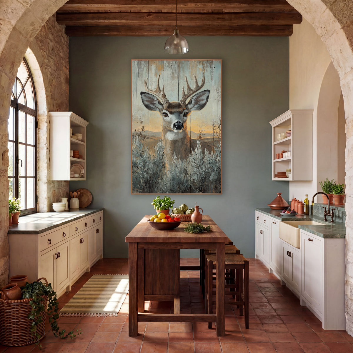 Mule Deer Sagebrush Western Rustic wall art in a rustic western-style room – mule deer buck with forked antlers among