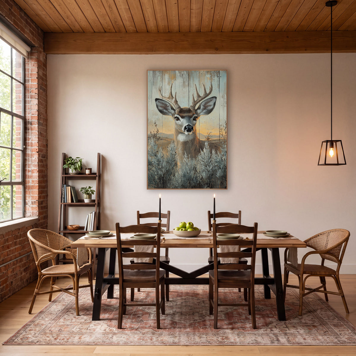 Mule Deer Sagebrush Western Rustic wall art in a rustic western-style room – mule deer buck with forked antlers among