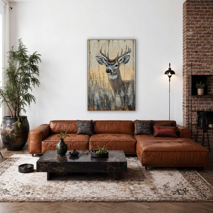 Buck Portrait Rustic Western wall art in a rustic western-style room – buck deer with antlers and large ears among
