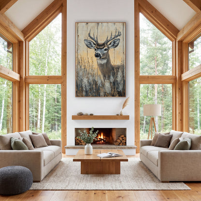 Buck Portrait Rustic Western wall art in a rustic western-style room – buck deer with antlers and large ears among