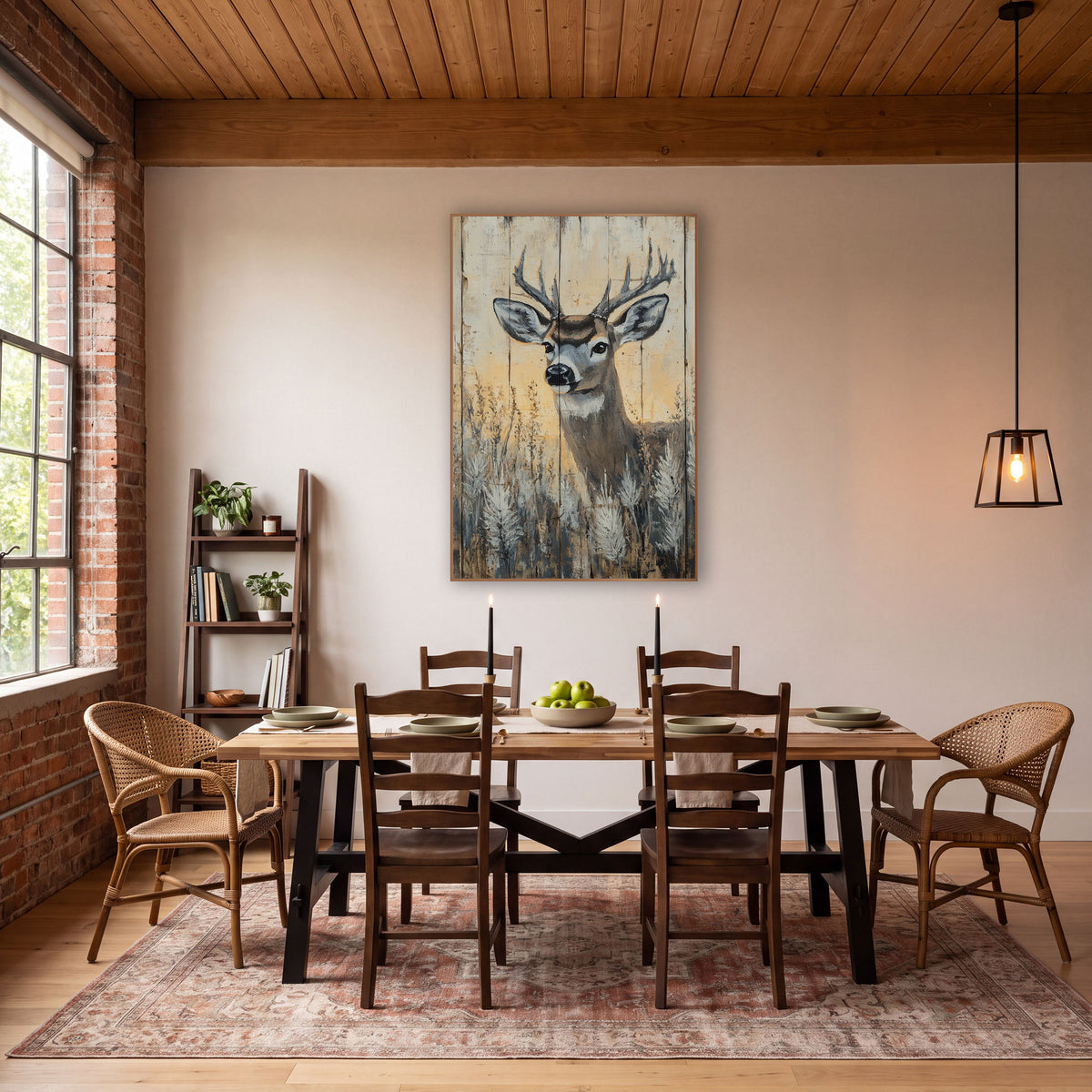 Buck Portrait Rustic Western wall art in a rustic western-style room – buck deer with antlers and large ears among