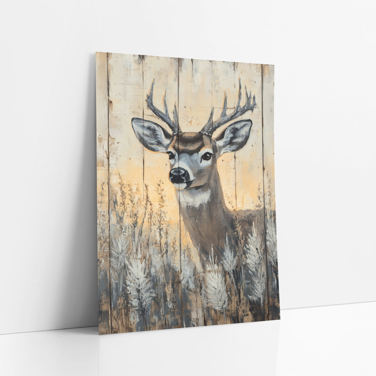 Buck Portrait Rustic Western art print leaning against a white wall – buck deer with antlers and large ears among pale