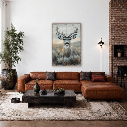 Sagebrush Mule Deer Western Rustic wall art in a rustic western-style room – mule deer buck with branched antlers