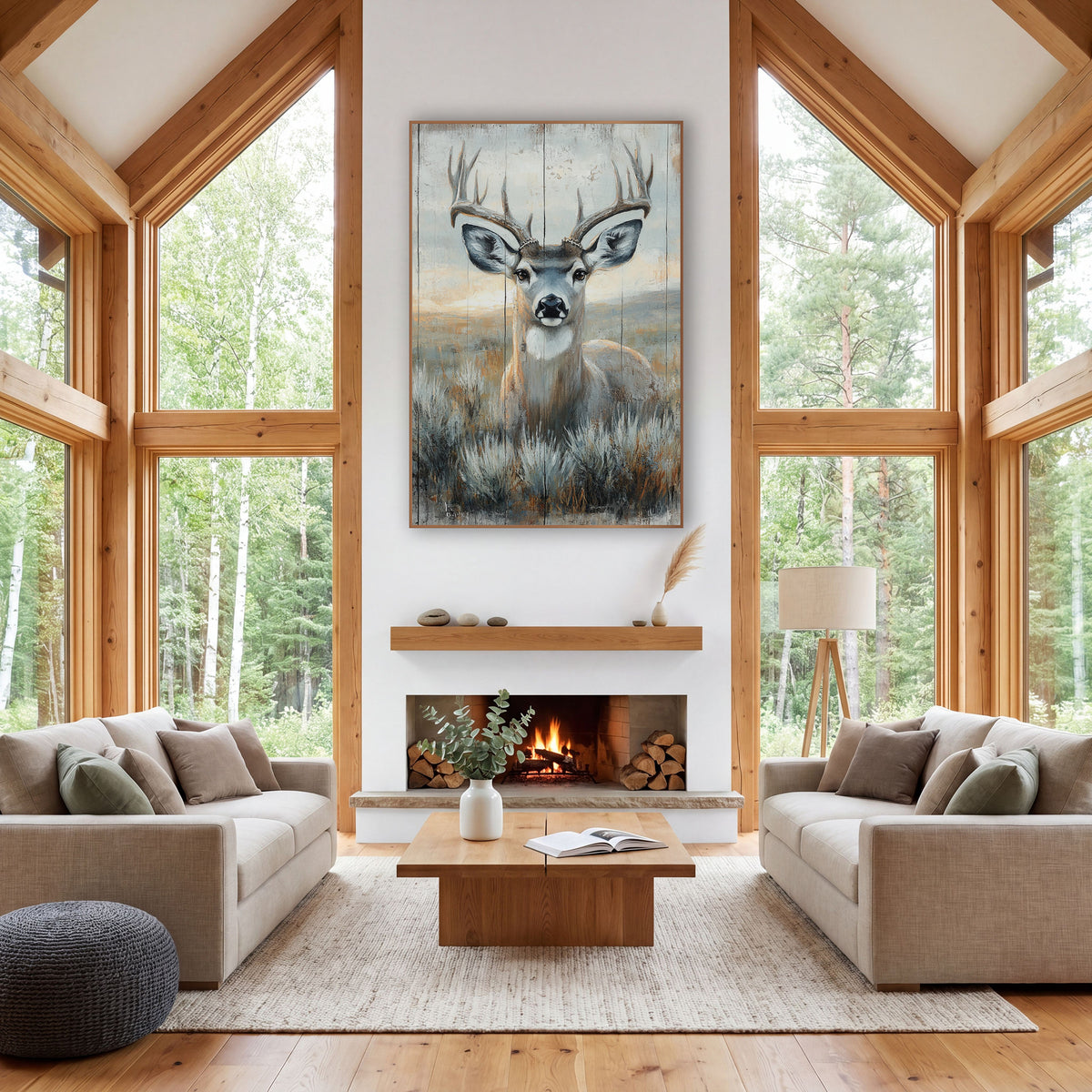 Sagebrush Mule Deer Western Rustic wall art in a rustic western-style room – mule deer buck with branched antlers