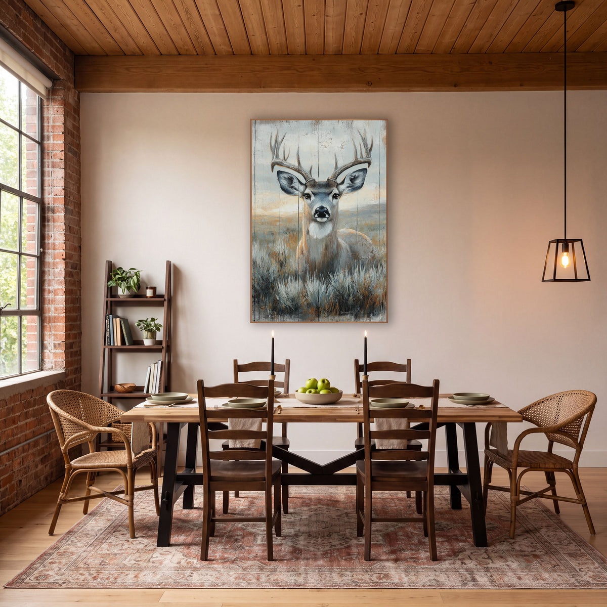 Sagebrush Mule Deer Western Rustic wall art in a rustic western-style room – mule deer buck with branched antlers