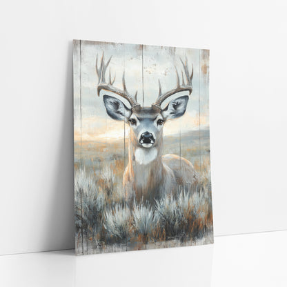 Sagebrush Mule Deer Western Rustic art print leaning against a white wall – mule deer buck with branched antlers facing