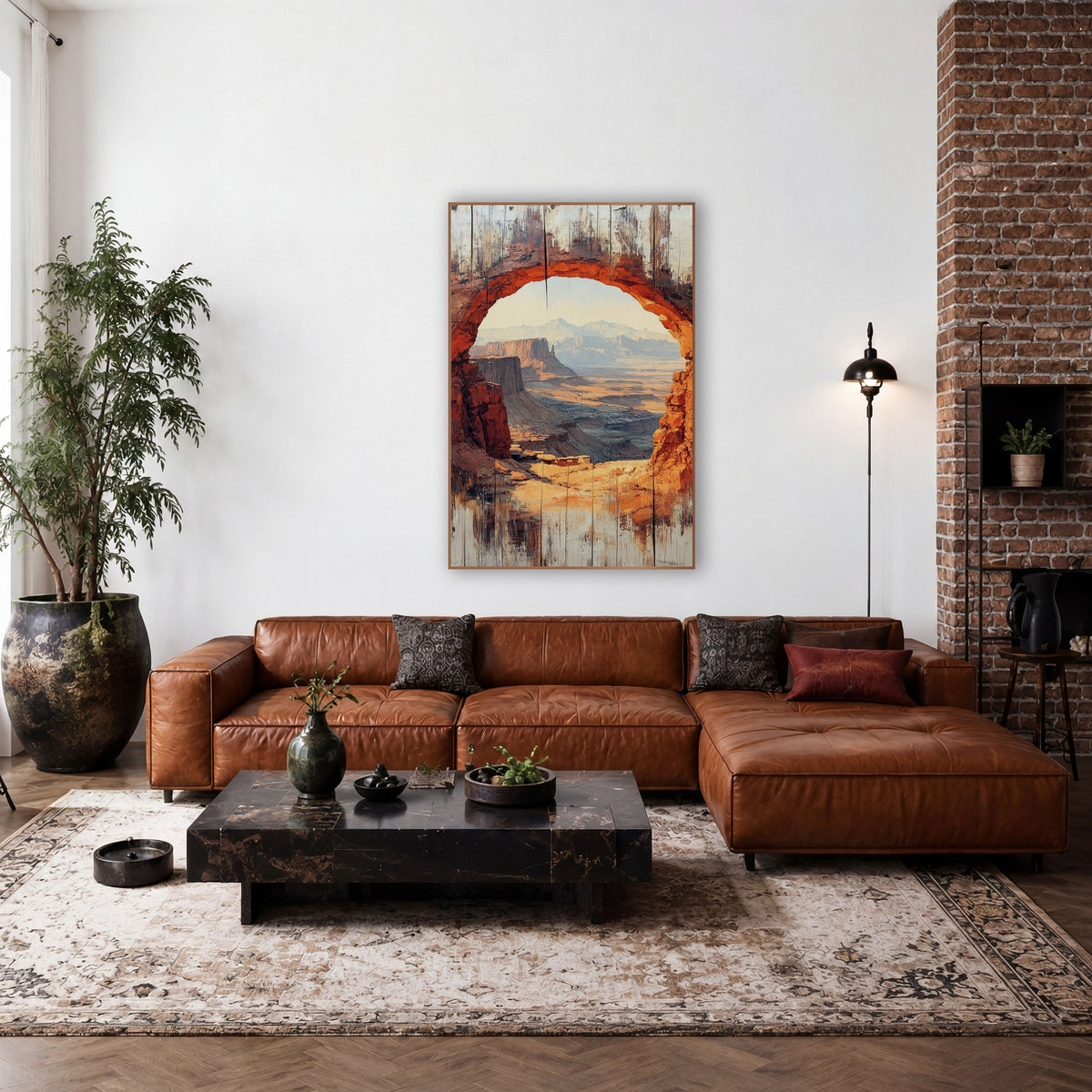 Dawn Canyon Archway Plank Style wall art in a rustic western-style room – rust-orange red rock arch framing desert