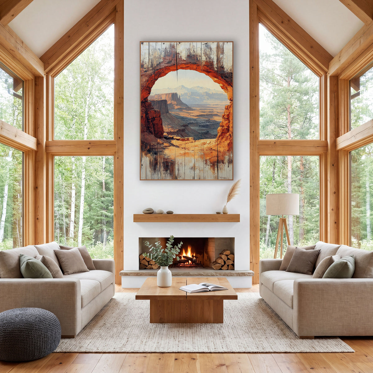 Dawn Canyon Archway Plank Style wall art in a rustic western-style room – rust-orange red rock arch framing desert