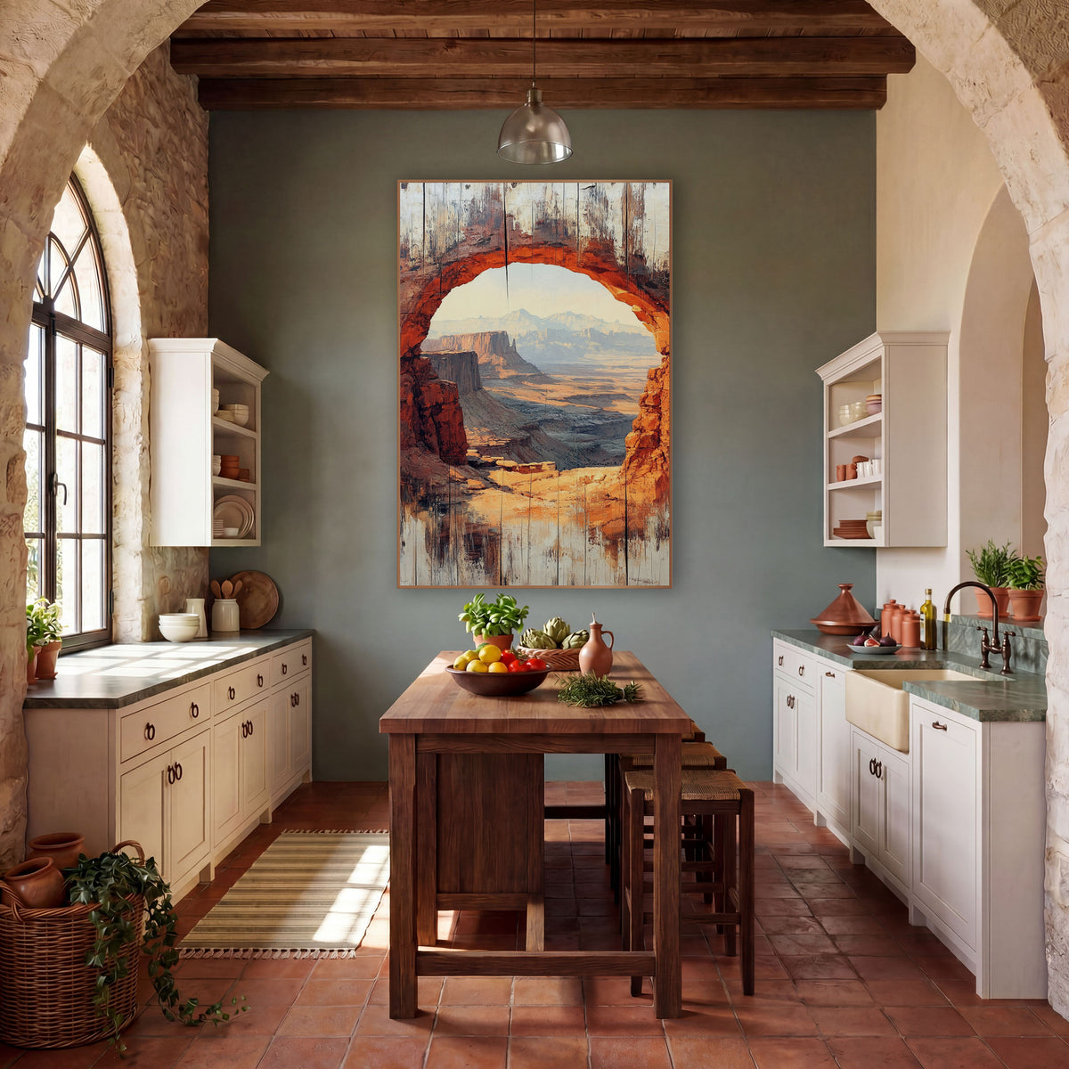 Dawn Canyon Archway Plank Style wall art in a rustic western-style room – rust-orange red rock arch framing desert