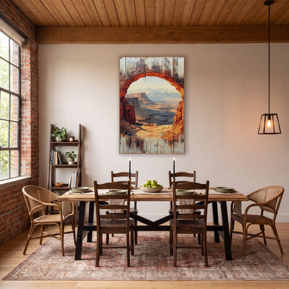 Dawn Canyon Archway Plank Style wall art in a rustic western-style room – rust-orange red rock arch framing desert