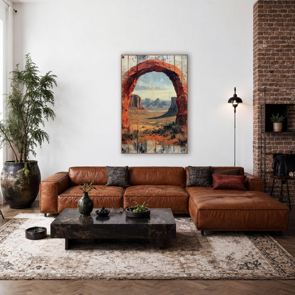 Rounded Red Archway Mesa Vista Rustic wall art in a rustic western-style room – red rock arch framing a desert