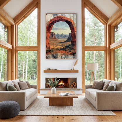 Rounded Red Archway Mesa Vista Rustic wall art in a rustic western-style room – red rock arch framing a desert