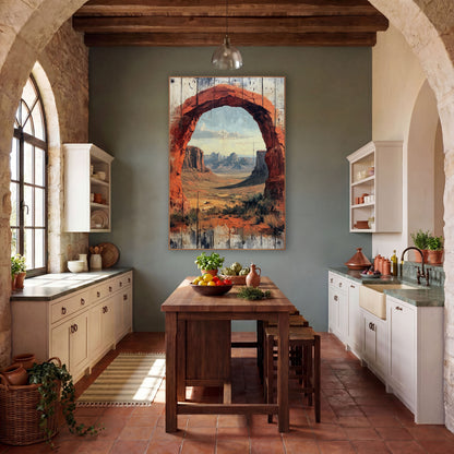Rounded Red Archway Mesa Vista Rustic wall art in a rustic western-style room – red rock arch framing a desert