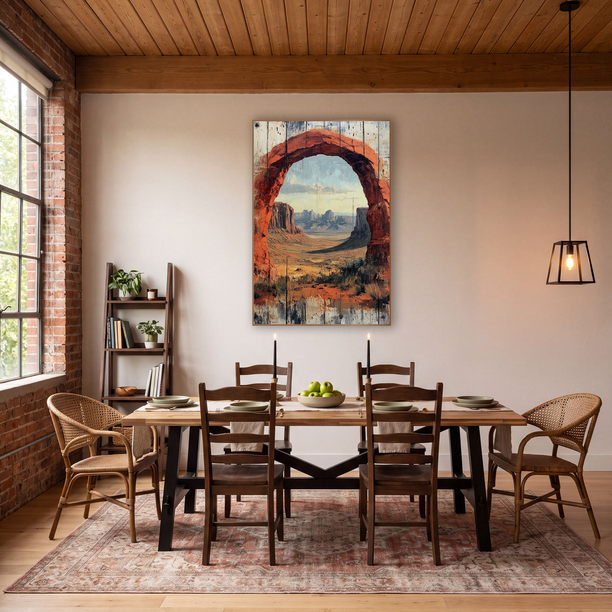 Rounded Red Archway Mesa Vista Rustic wall art in a rustic western-style room – red rock arch framing a desert
