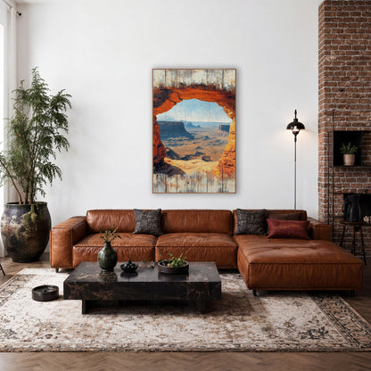 Cliffside Window Canyon Overlook Weathered wall art in a rustic western-style room – orange rock arch framing a wide