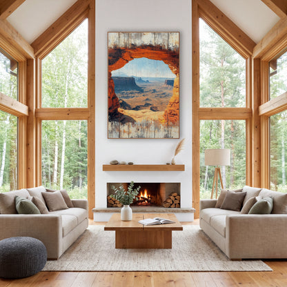 Cliffside Window Canyon Overlook Weathered wall art in a rustic western-style room – orange rock arch framing a wide