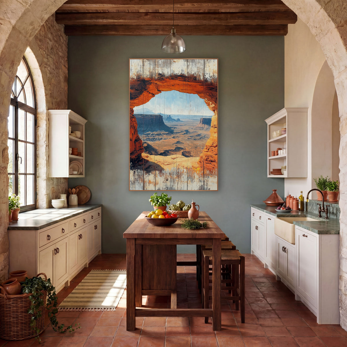 Cliffside Window Canyon Overlook Weathered wall art in a rustic western-style room – orange rock arch framing a wide
