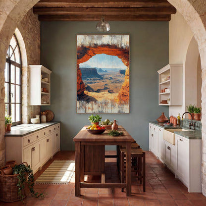 Cliffside Window Canyon Overlook Weathered wall art in a rustic western-style room – orange rock arch framing a wide