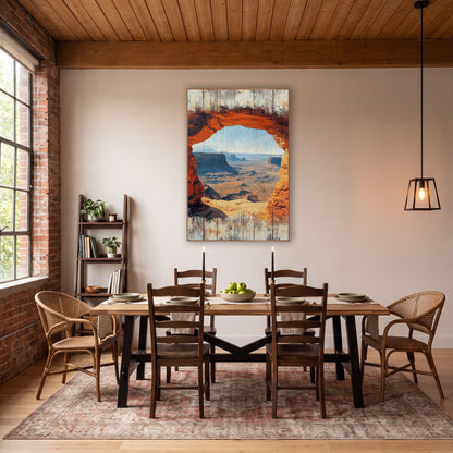Cliffside Window Canyon Overlook Weathered wall art in a rustic western-style room – orange rock arch framing a wide