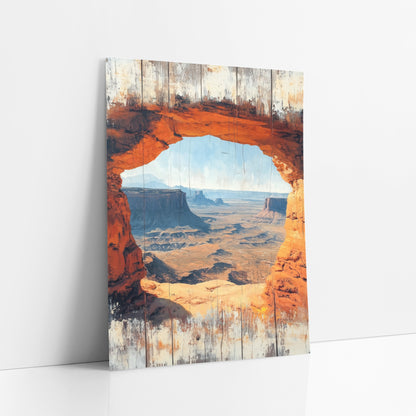 Cliffside Window Canyon Overlook Weathered art print leaning against a white wall – orange rock arch framing a wide desert