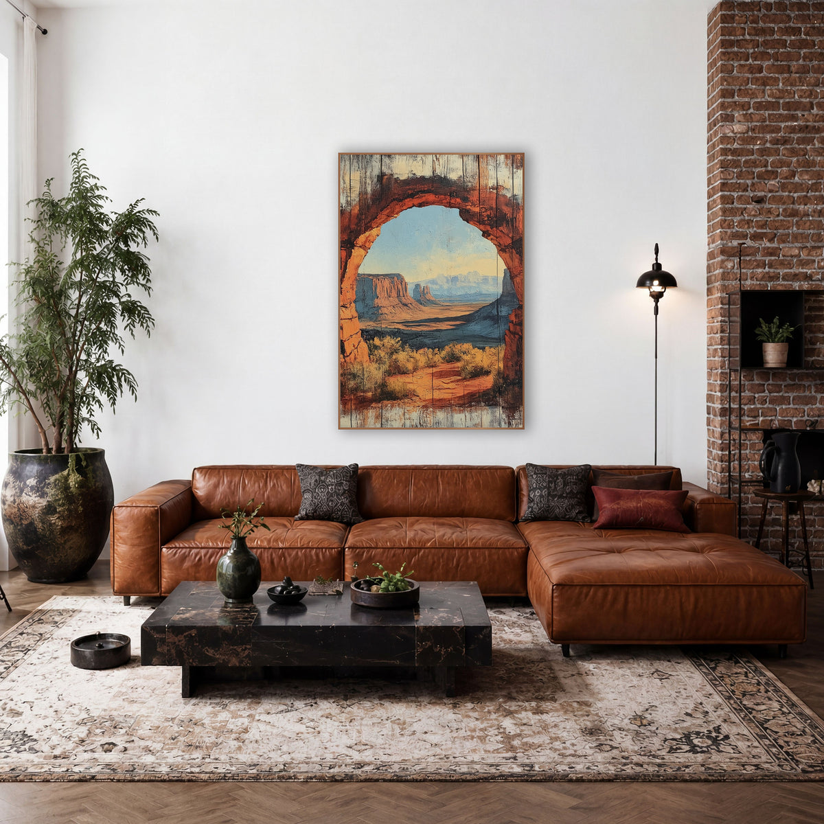 Sagebrush Mesa Archway Rustic wall art in a rustic western-style room – red rock arch framing a desert of mesas