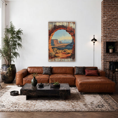 Sagebrush Mesa Archway Rustic wall art in a rustic western-style room – red rock arch framing a desert of mesas