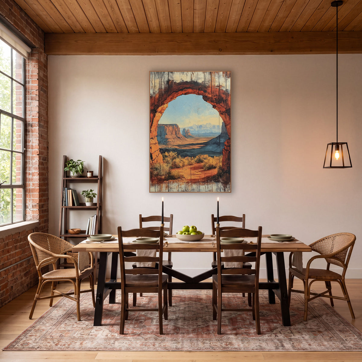 Sagebrush Mesa Archway Rustic wall art in a rustic western-style room – red rock arch framing a desert of mesas