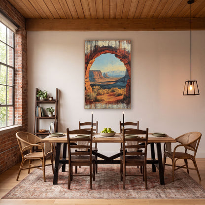 Sagebrush Mesa Archway Rustic wall art in a rustic western-style room – red rock arch framing a desert of mesas