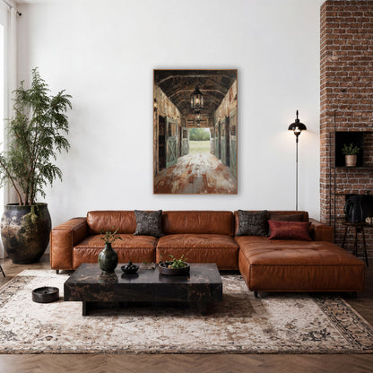 Rustic Barn Aisle Lantern Scene wall art in a rustic western-style room – barn aisle with glowing hanging lanterns