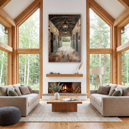 Rustic Barn Aisle Lantern Scene wall art in a rustic western-style room – barn aisle with glowing hanging lanterns