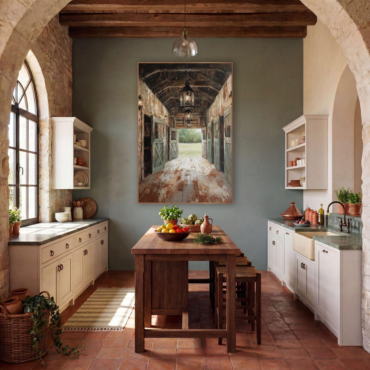 Rustic Barn Aisle Lantern Scene wall art in a rustic western-style room – barn aisle with glowing hanging lanterns