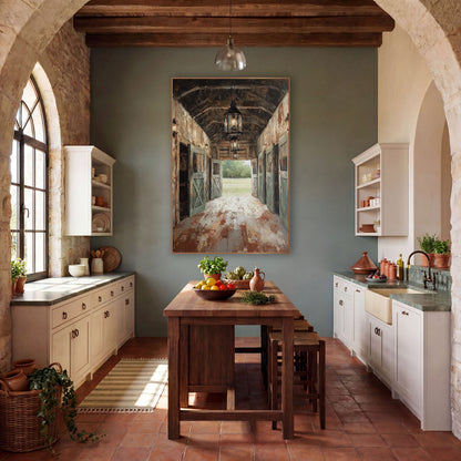Rustic Barn Aisle Lantern Scene wall art in a rustic western-style room – barn aisle with glowing hanging lanterns