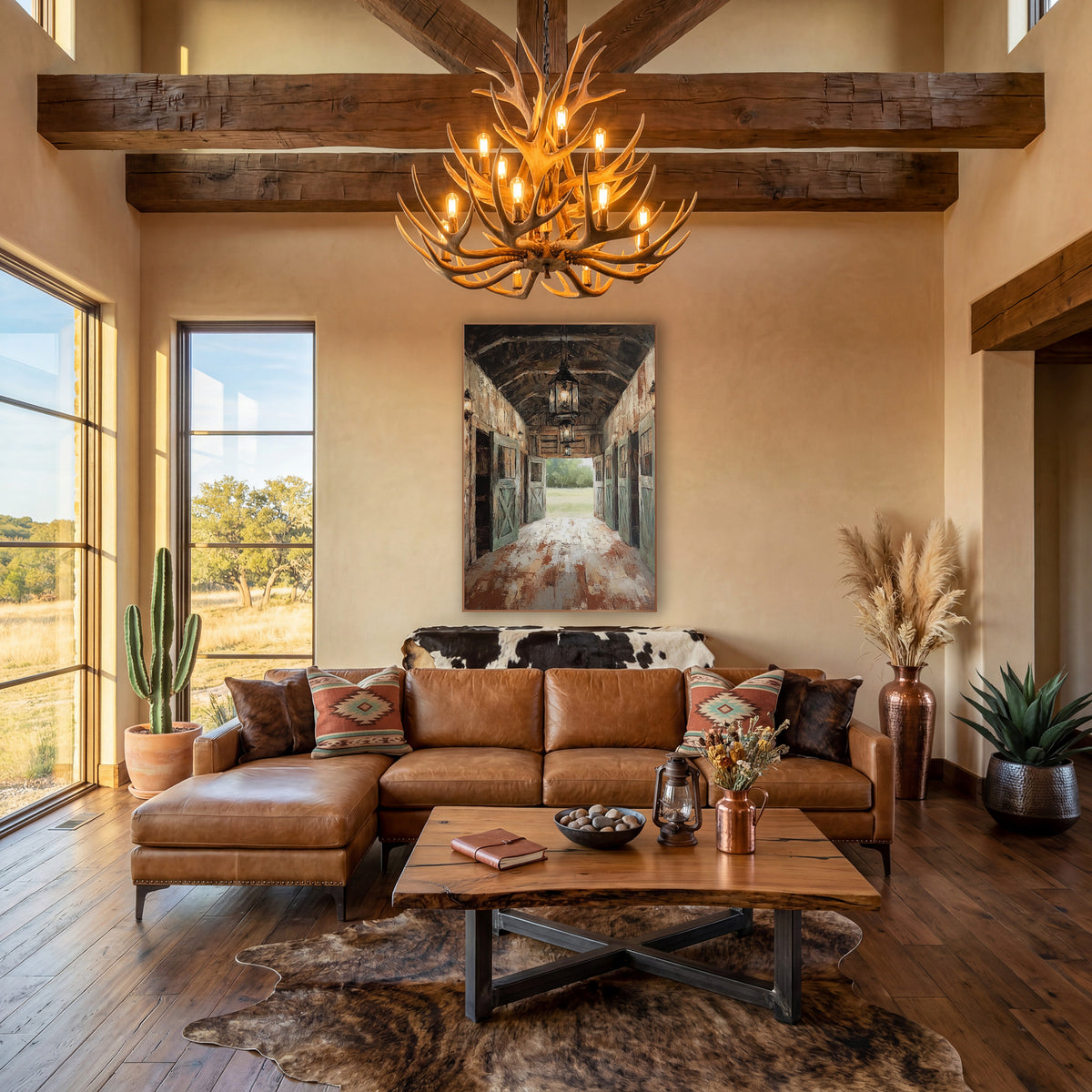 Rustic Barn Aisle Lantern Scene wall art in a rustic western-style room – barn aisle with glowing hanging lanterns
