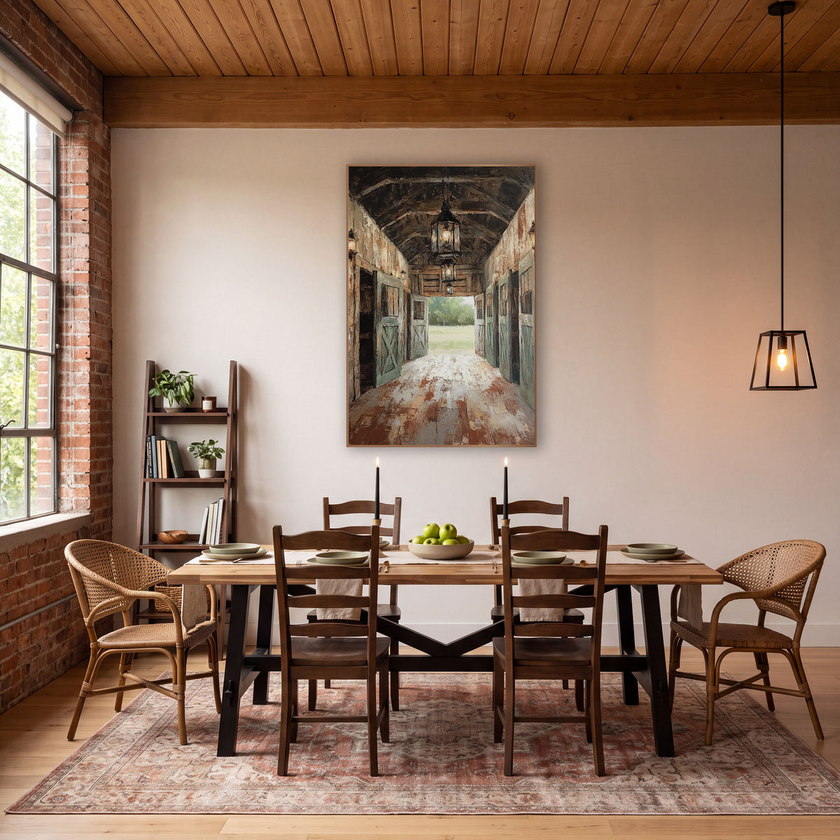Rustic Barn Aisle Lantern Scene wall art in a rustic western-style room – barn aisle with glowing hanging lanterns