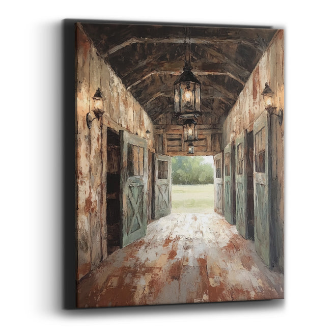 Rustic Barn Aisle Lantern Scene Canvas Wall Art