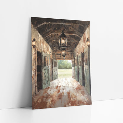 Rustic Barn Aisle Lantern Scene art print leaning against a white wall – barn aisle with glowing hanging lanterns, sage green